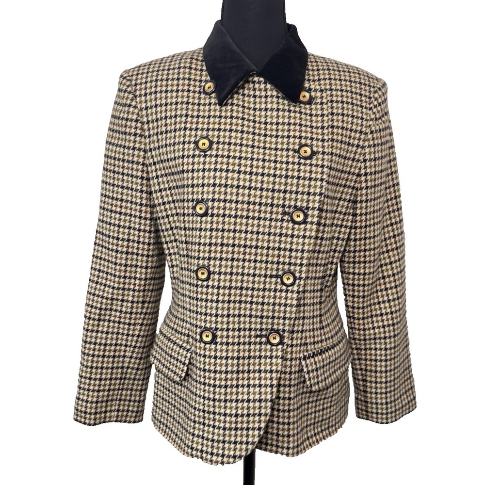 Vtg Amanda Smith Petites Houndstooth Blazer Wool Blend Velvet Collar Equestrian